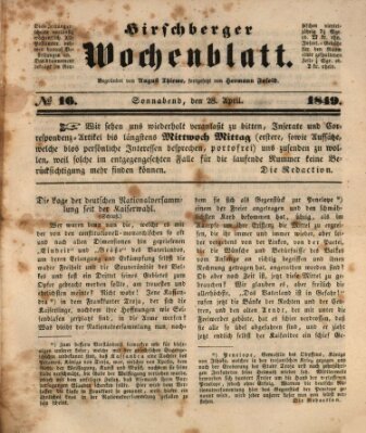 Hirschberger Wochenblatt Samstag 28. April 1849