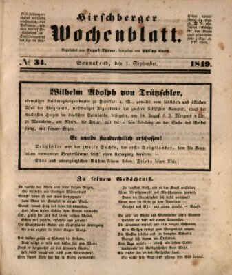 Hirschberger Wochenblatt Samstag 1. September 1849