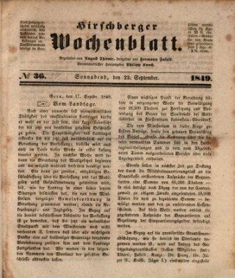 Hirschberger Wochenblatt Samstag 22. September 1849