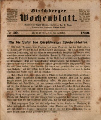 Hirschberger Wochenblatt Samstag 13. Oktober 1849