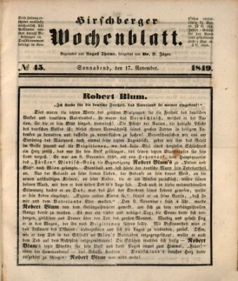 Hirschberger Wochenblatt Samstag 17. November 1849