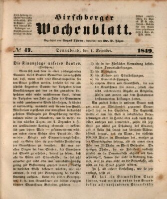 Hirschberger Wochenblatt Samstag 1. Dezember 1849