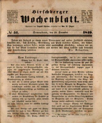 Hirschberger Wochenblatt Samstag 29. Dezember 1849