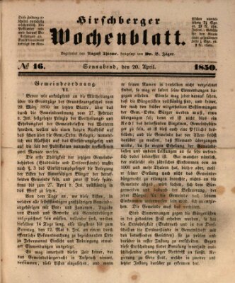 Hirschberger Wochenblatt Samstag 20. April 1850