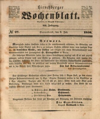 Hirschberger Wochenblatt Samstag 6. Juli 1850