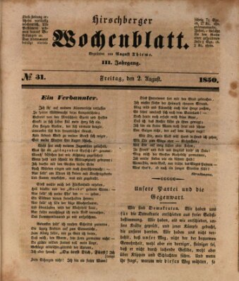 Hirschberger Wochenblatt Freitag 2. August 1850