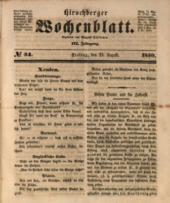 Hirschberger Wochenblatt Freitag 23. August 1850