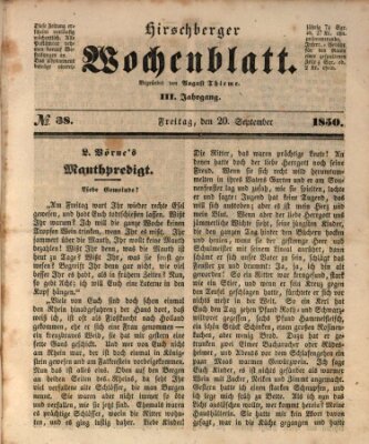 Hirschberger Wochenblatt Freitag 20. September 1850