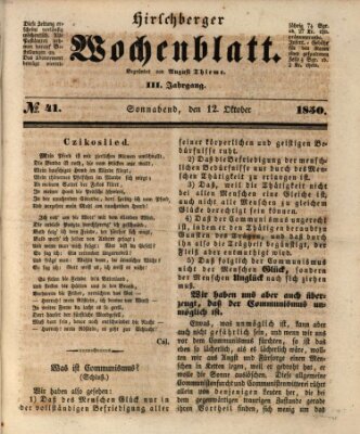 Hirschberger Wochenblatt Samstag 12. Oktober 1850