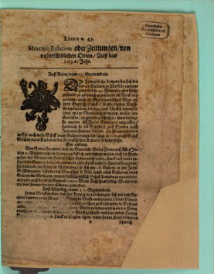 Mercurij Relation oder Zeittungen, von underschidlichen Orten (Süddeutsche Presse) Samstag 13. September 1636