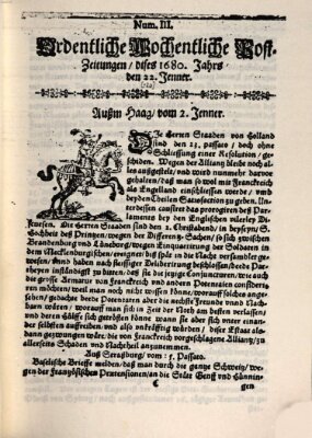 Ordentliche wochentliche Post-Zeitungen Montag 22. Januar 1680