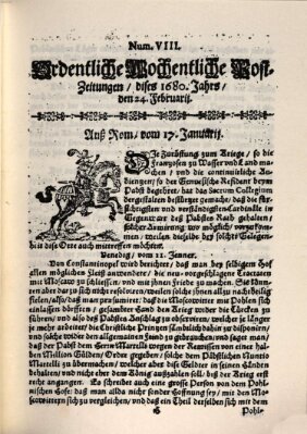 Ordentliche wochentliche Post-Zeitungen Samstag 24. Februar 1680