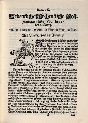 Ordentliche wochentliche Post-Zeitungen Samstag 2. März 1680