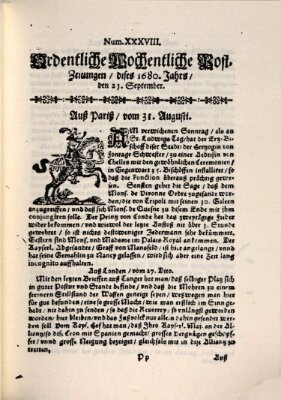 Ordentliche wochentliche Post-Zeitungen Samstag 21. September 1680