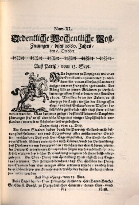 Ordentliche wochentliche Post-Zeitungen Samstag 5. Oktober 1680