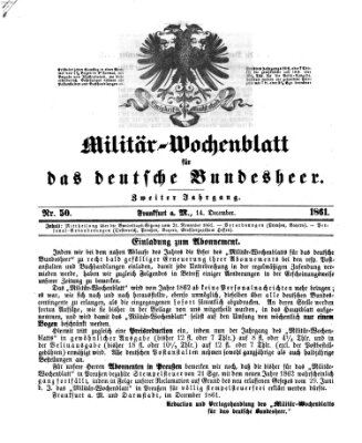 Militär-Wochenblatt für das deutsche Bundesheer Samstag 14. Dezember 1861