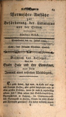 Vermischte Aufsätze zur Beförderung der Litteratur und der Sitten Samstag 29. Juli 1780