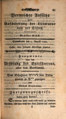 Vermischte Aufsätze zur Beförderung der Litteratur und der Sitten Samstag 5. August 1780