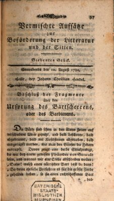 Vermischte Aufsätze zur Beförderung der Litteratur und der Sitten Samstag 12. August 1780