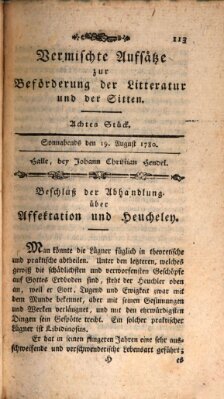 Vermischte Aufsätze zur Beförderung der Litteratur und der Sitten Samstag 19. August 1780