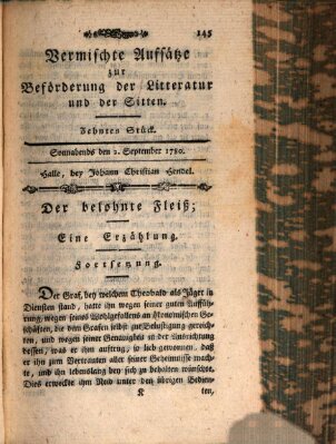 Vermischte Aufsätze zur Beförderung der Litteratur und der Sitten Samstag 2. September 1780