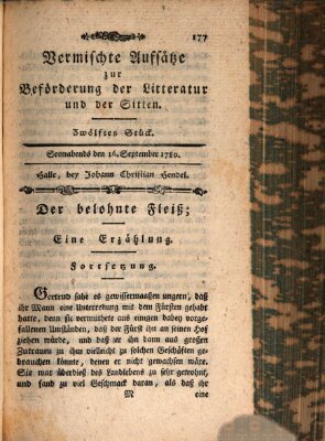 Vermischte Aufsätze zur Beförderung der Litteratur und der Sitten Samstag 16. September 1780