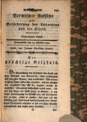 Vermischte Aufsätze zur Beförderung der Litteratur und der Sitten Samstag 14. Oktober 1780