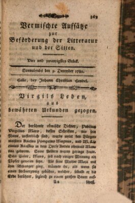 Vermischte Aufsätze zur Beförderung der Litteratur und der Sitten Samstag 9. Dezember 1780