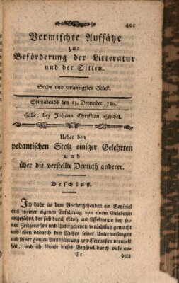 Vermischte Aufsätze zur Beförderung der Litteratur und der Sitten Samstag 23. Dezember 1780