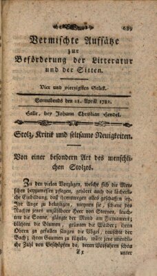 Vermischte Aufsätze zur Beförderung der Litteratur und der Sitten Saturday 28. April 1781