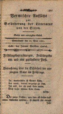 Vermischte Aufsätze zur Beförderung der Litteratur und der Sitten Samstag 12. Mai 1781