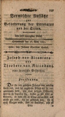 Vermischte Aufsätze zur Beförderung der Litteratur und der Sitten Samstag 26. Mai 1781