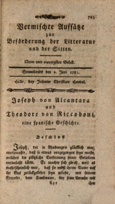 Vermischte Aufsätze zur Beförderung der Litteratur und der Sitten Samstag 2. Juni 1781