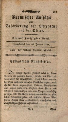 Vermischte Aufsätze zur Beförderung der Litteratur und der Sitten Samstag 16. Juni 1781