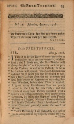 The free thinker or essays of wit and humour Donnerstag 2. Juni 1718