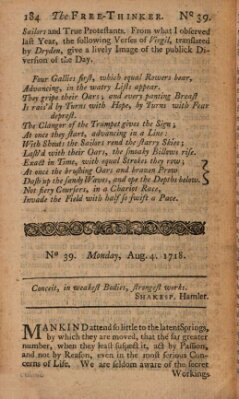 The free thinker or essays of wit and humour Donnerstag 4. August 1718