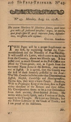 The free thinker or essays of wit and humour Donnerstag 25. August 1718