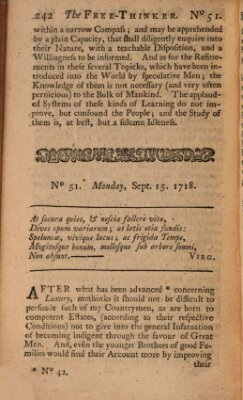 The free thinker or essays of wit and humour Donnerstag 15. September 1718