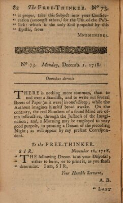 The free thinker or essays of wit and humour Donnerstag 1. Dezember 1718