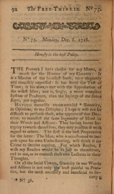 The free thinker or essays of wit and humour Donnerstag 8. Dezember 1718