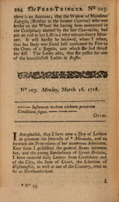 The free thinker or essays of wit and humour Donnerstag 16. März 1719