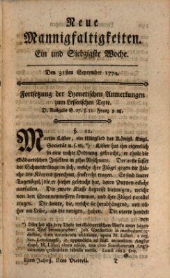 Neue Mannigfaltigkeiten (Neueste Mannigfaltigkeiten) Samstag 1. Oktober 1774