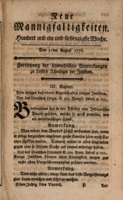 Neue Mannigfaltigkeiten (Neueste Mannigfaltigkeiten) Samstag 31. August 1776