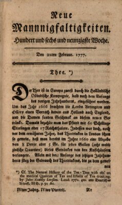 Neue Mannigfaltigkeiten (Neueste Mannigfaltigkeiten) Samstag 22. Februar 1777