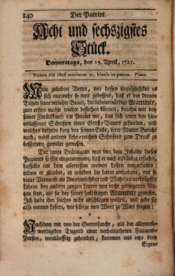 Der Patriot Donnerstag 19. April 1725