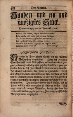 Der Patriot Donnerstag 21. November 1726