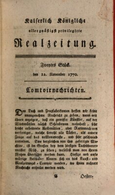 K.K. allerg. privil. Realzeitung der Wissenschaften und Künste Montag 12. November 1770