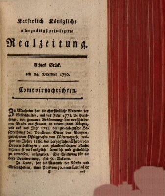 K.K. allerg. privil. Realzeitung der Wissenschaften und Künste Montag 24. Dezember 1770