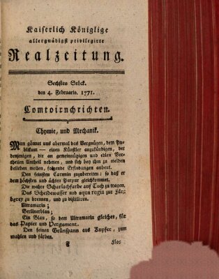 K.K. allerg. privil. Realzeitung der Wissenschaften und Künste Montag 4. Februar 1771