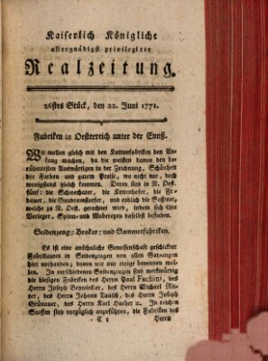 K.K. allerg. privil. Realzeitung der Wissenschaften und Künste Samstag 22. Juni 1771